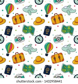 seamless pattern cute travel. cartoon style isolated on cream background. illustration vector.