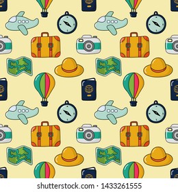 seamless pattern cute travel. cartoon style isolated on cream background. illustration vector.