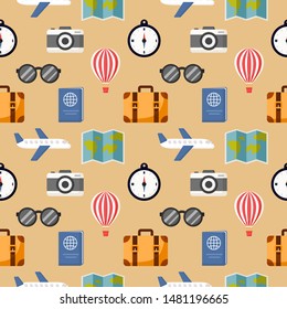 seamless pattern cute travel. cartoon style isolated on cream background. illustration vector.
