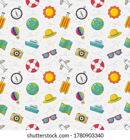 seamless pattern cute travel. cartoon style isolated on white background. illustration vector.