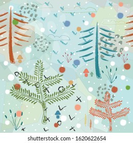 Seamless Pattern with Cute Trees and in pastel colors.  Scandinavian Style. Vector Illustration.