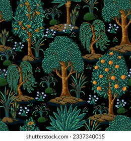 Seamless pattern with cute trees and plants. Vector