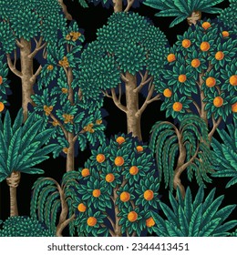 Seamless pattern with cute trees and plants. Vector