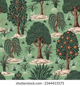 Seamless pattern with cute trees and plants. Vector