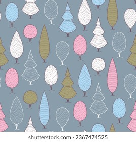 Seamless pattern with cute trees, winter forest background.