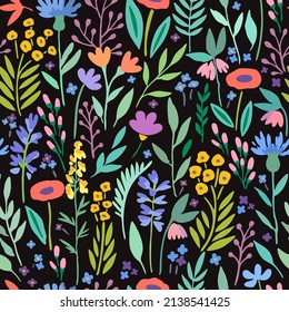 Seamless pattern with cute trendy flowers and plant elements for design and fabric.