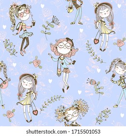 Seamless pattern with cute trendy teen girls on a blue background . Vector.