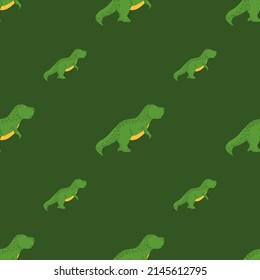 Seamless pattern cute T-Rex dino. Background of funny dinosaurs in doodle style. Repeated design texture for printing, fabric, wrapping, wallpaper, tissue. Vector illustration.