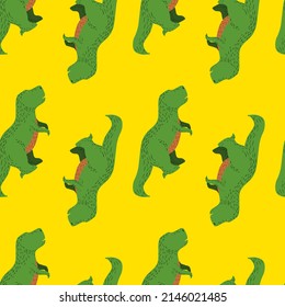 Seamless pattern cute T-Rex dino. Background of funny dinosaurs in doodle style. Repeated design texture for printing, fabric, wrapping, wallpaper, tissue. Vector illustration.