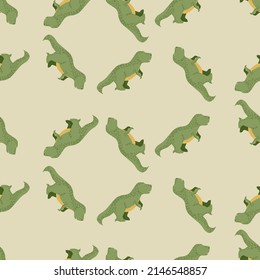 Seamless pattern cute T-Rex dino. Background of funny dinosaurs in doodle style. Repeated design texture for printing, fabric, wrapping, wallpaper, tissue. Vector illustration.