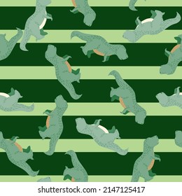 Seamless pattern cute T-Rex dino. Background of funny dinosaurs in doodle style. Repeated design texture for printing, fabric, wrapping, wallpaper, tissue. Vector illustration.
