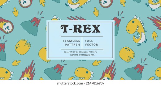 Seamless pattern cute T-Rex dino. Background of funny dinosaurs in doodle style. Repeated design texture for printing, fabric, wrapping, wallpaper, tissue. Vector illustration.