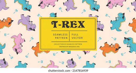 Seamless pattern cute T-Rex dino. Background of funny dinosaurs in doodle style. Repeated design texture for printing, fabric, wrapping, wallpaper, tissue. Vector illustration.