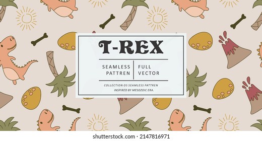 Seamless pattern cute T-Rex dino. Background of funny dinosaurs in doodle style. Repeated design texture for printing, fabric, wrapping, wallpaper, tissue. Vector illustration.