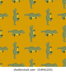 Seamless pattern cute T-Rex dino. Background of funny dinosaurs in doodle style. Repeated design texture for printing, fabric, wrapping, wallpaper, tissue. Vector illustration.