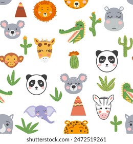 Patrón sin fisuras con caras tribales de animales lindos. Ilustración en estilo boho, atrapasueños, cactus, palmeras, trópicos.