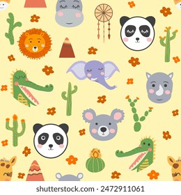 Patrón sin fisuras con caras tribales de animales lindos. Ilustración en estilo boho, atrapasueños, cactus, palmeras, trópicos.