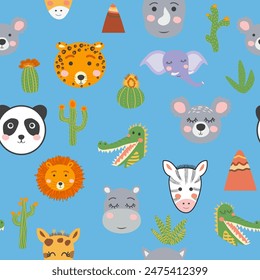 Patrón sin fisuras con caras tribales de animales lindos. Ilustración en estilo boho, atrapasueños, cactus, palmeras, trópicos.