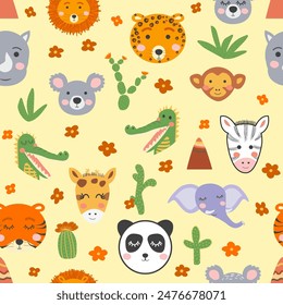 Patrón sin fisuras con caras tribales de animales lindos. Ilustración en estilo boho, atrapasueños, cactus, palmeras, trópicos.