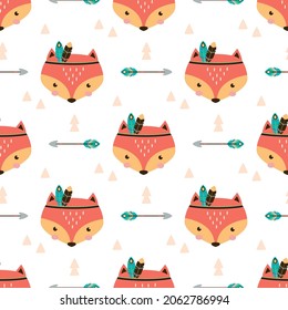 seamless pattern with cute tribal fox, cartoon kids background, vector illustration