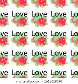 
Seamless pattern with cute triceratops dinosaur and the text "love" in a flat style on a white background. Stock vector illustration for decoration and design, packaging, wallpaper, wrapping paper