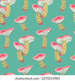 Seamless pattern with cute trippy mushrooms. Abstract graphic surface design with hand drawn mushrooms in bright colors. Trendy background with modern mushroom pattern. Vector illustration.