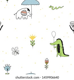 Seamless pattern with cute tropical animals. Vector background