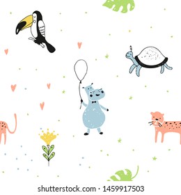 Seamless pattern with cute tropical animals and birds . Vector
