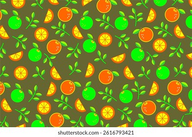 Seamless pattern of cute tropical fruit orange with green leaves. Perfect for background, wallpaper, fabric, textile, packaging, banner, cover, label and poster.