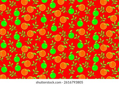Seamless pattern of cute tropical fruit orange with green leaves. Perfect for background, wallpaper, fabric, textile, packaging, banner, cover, label and poster.