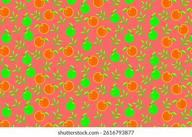 Seamless pattern of cute tropical fruit orange with green leaves. Perfect for background, wallpaper, fabric, textile, packaging, banner, cover, label and poster.