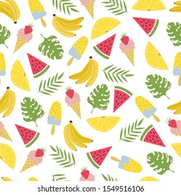 Seamless pattern with cute tropical fruits, leaves and ice cream. Baby textile design. 