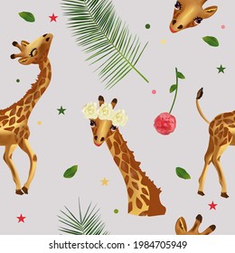 Patrón sin foco adorable jirafa tropical, animales salvajes, flor, hoja. Patrón con animal salvaje para tu diseño. 3.ª ilustración vectorial