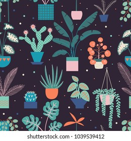 Seamless pattern with cute tropical house plants in bright geometric style