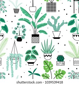 Seamless pattern with cute tropical house plants in bright geometric style