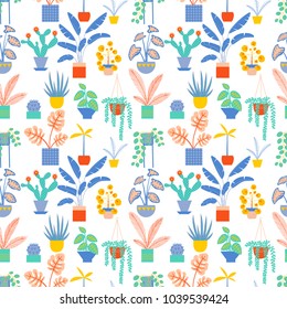 Seamless pattern with cute tropical house plants in bright geometric style