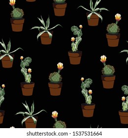 Seamless pattern with cute tropical house plants in bright geometric style. Black background.