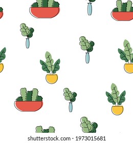 Seamless pattern with cute tropical house plants in bright geometric style