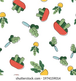 Seamless pattern with cute tropical house plants in bright geometric style