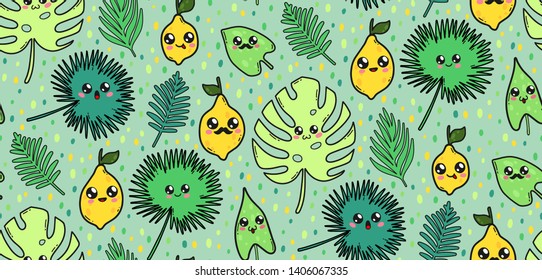 Seamless pattern with cute tropical leaves and lemons in Japan kawaii style. Happy cartoon characters with funny faces illustration. Can be used for t-shirt, print design, fabric, and cover.