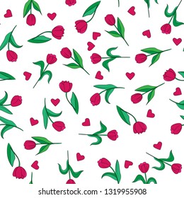 Seamless pattern with cute tulips. Spring background. Vector hand drawn pattern.
