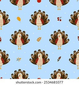 Seamless pattern with cute turkey and autumn elements for Thanksgiving day design