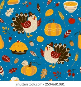 Seamless pattern with cute turkey and autumn elements for Thanksgiving day design