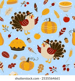 Seamless pattern with cute turkey and autumn elements for Thanksgiving day design