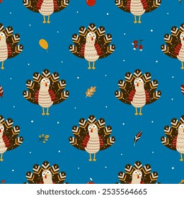 Seamless pattern with cute turkey and autumn elements for Thanksgiving day design