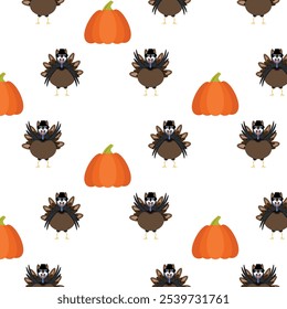 Seamless pattern with cute turkey and pumpkin elements for Thanksgiving design.Fabric textile.