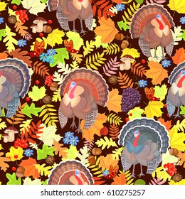 seamless pattern with cute turkeys and autumn leaves