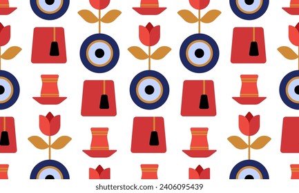 Seamless pattern cute Turkish evil eye, tulip, tea in a glass and Turkish red hat fez