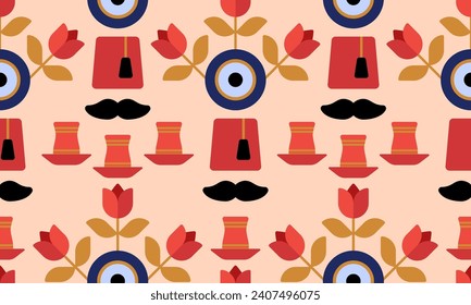 Seamless pattern cute Turkish evil eye, tulip, tea in a glass and Turkish red hat fez