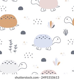 Seamless pattern with cute turtle. Cartoon animal background. For fabric, textile, wallpaper, wrapping, kids apparel design. Vector illustration